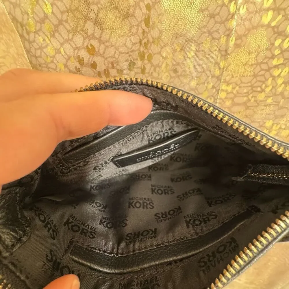 Michael Kors Black Gold Logo Pebble Leather Clutch Wristlet Zip Bag